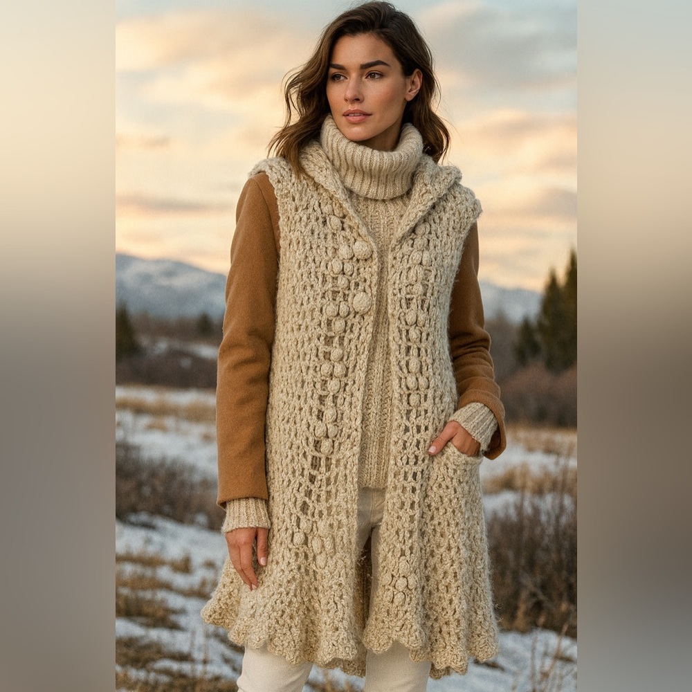 Crochet Hooded Vest Beige Chunky Knit Sweater Vest with Hood Cottagecore boho